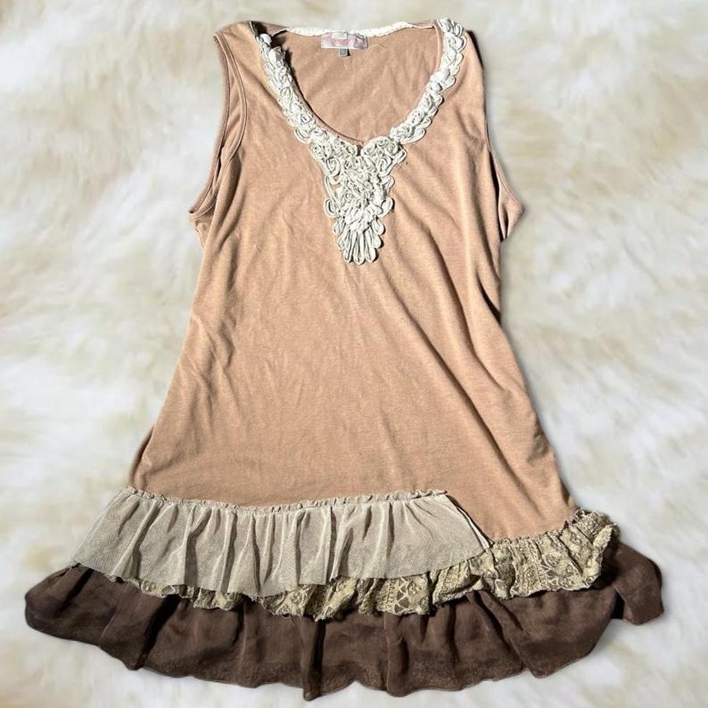 Pretty Angel Brown Lace Ruffle Mini Dress Top Y2K Fairycore Boho Large
